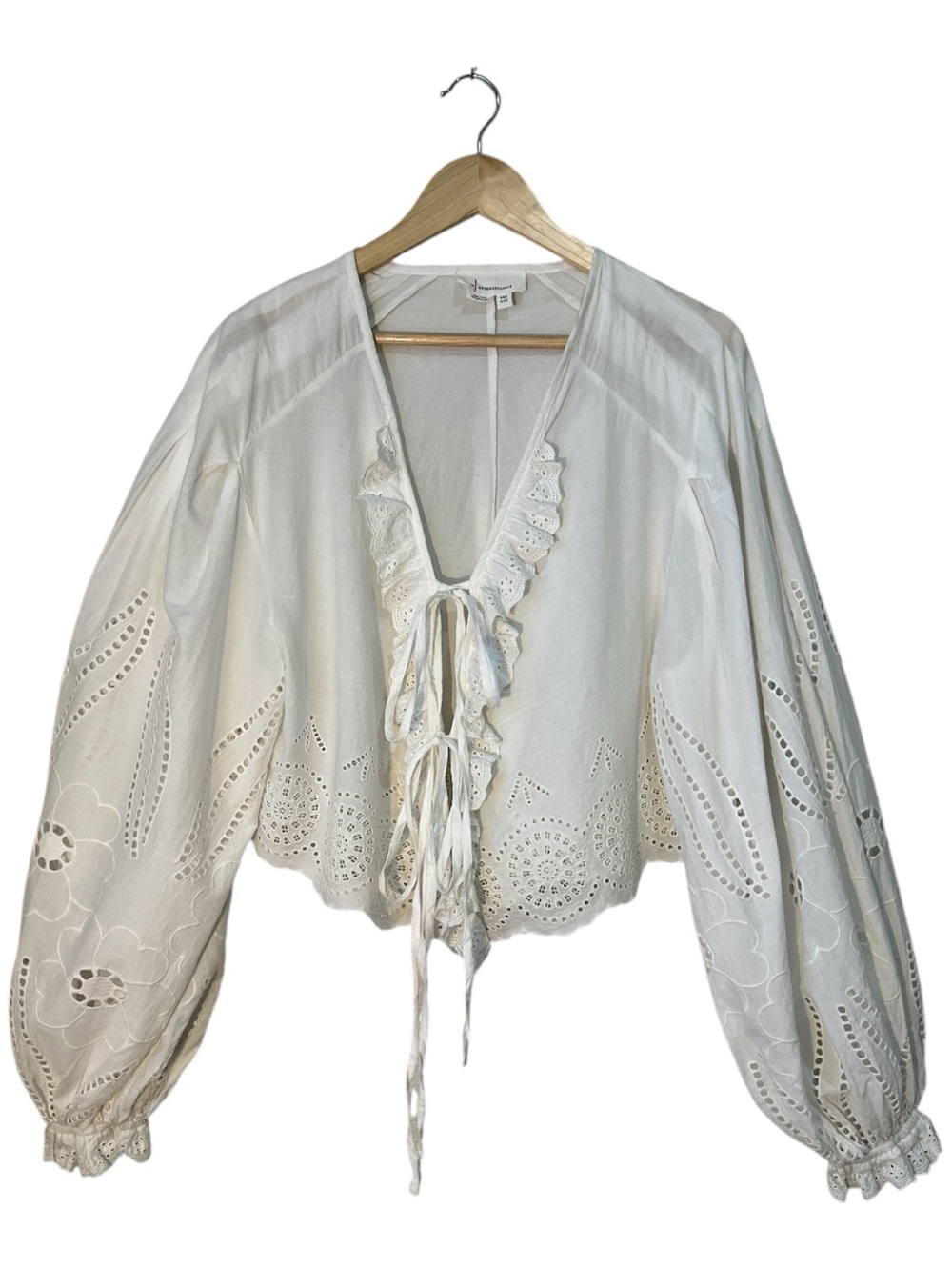 Anthropologie White Eyelet Poplin Tie Front Balloon Sleeve Top One Size